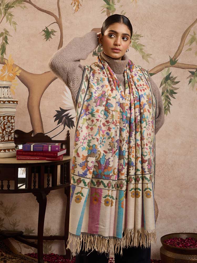 ImageGulsara Handloom Kani Pashmina Shawl – Milk, Multi