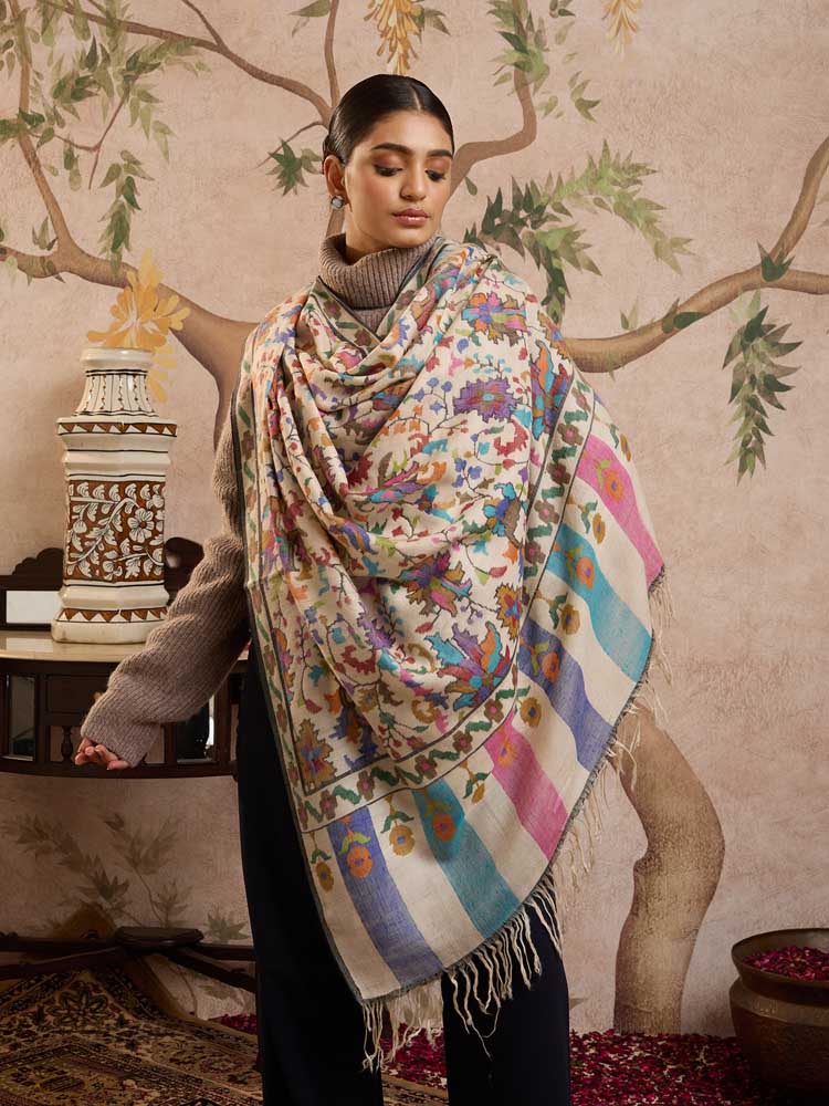 ImageGulsara Handloom Kani Pashmina Shawl – Milk, Multi