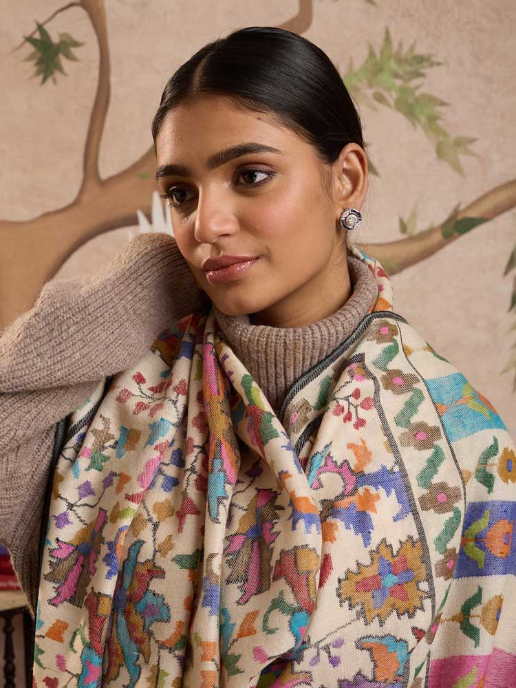 ImageGulsara Handloom Kani Pashmina Shawl – Milk, Multi