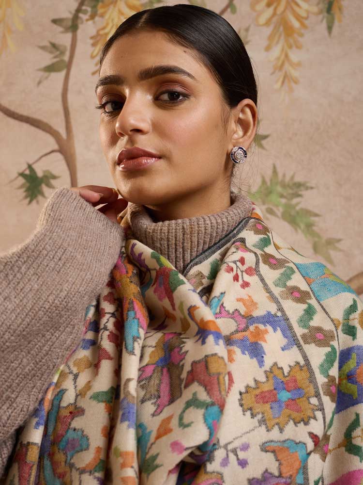 ImageGulsara Handloom Kani Pashmina Shawl – Milk, Multi