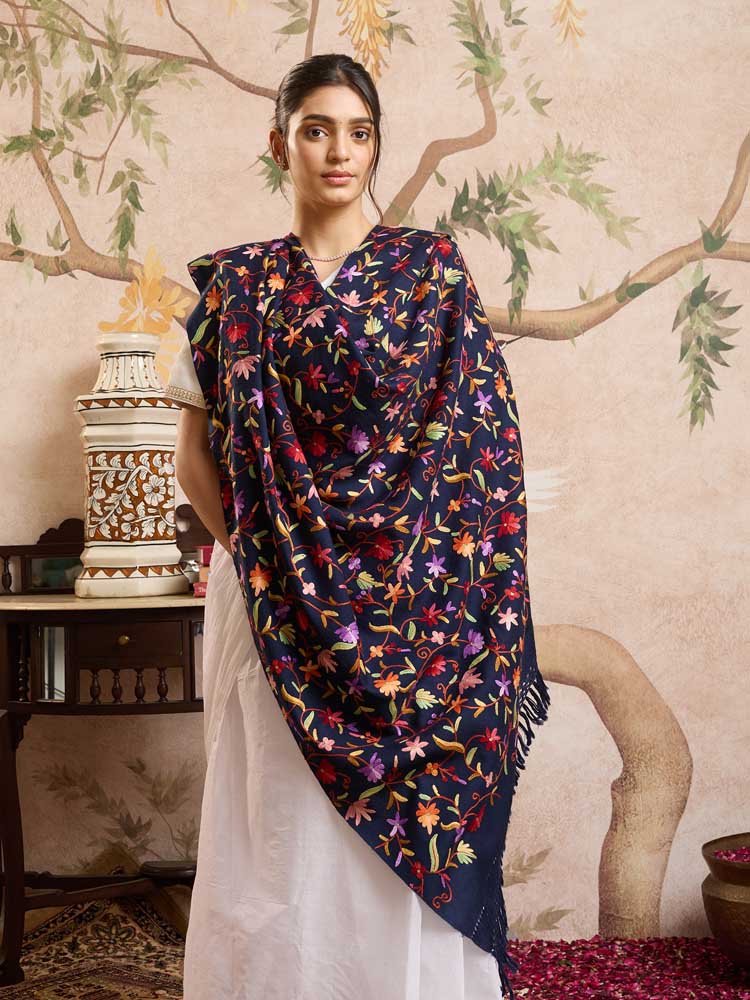 ImageAri Jaaldaar Hand Embroidery Shawl – Soladite Navy