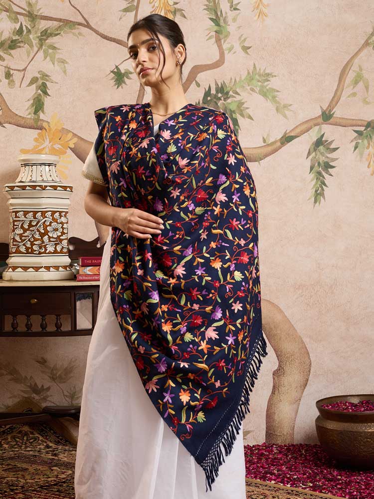ImageAri Jaaldaar Hand Embroidery Shawl – Soladite Navy