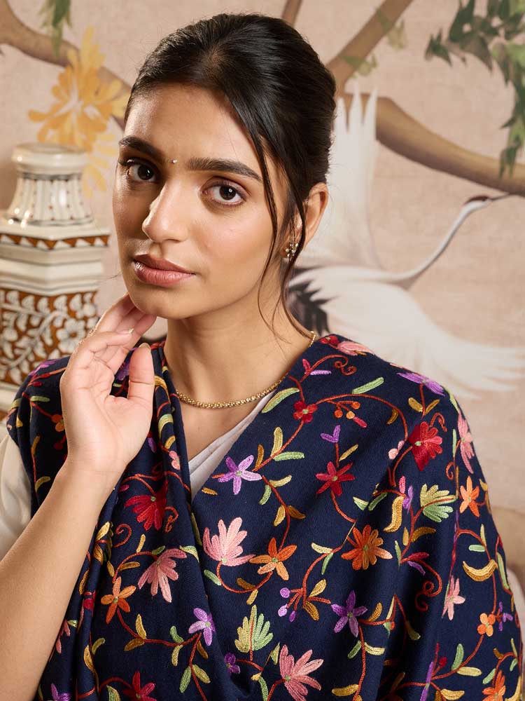 ImageAri Jaaldaar Hand Embroidery Shawl – Soladite Navy