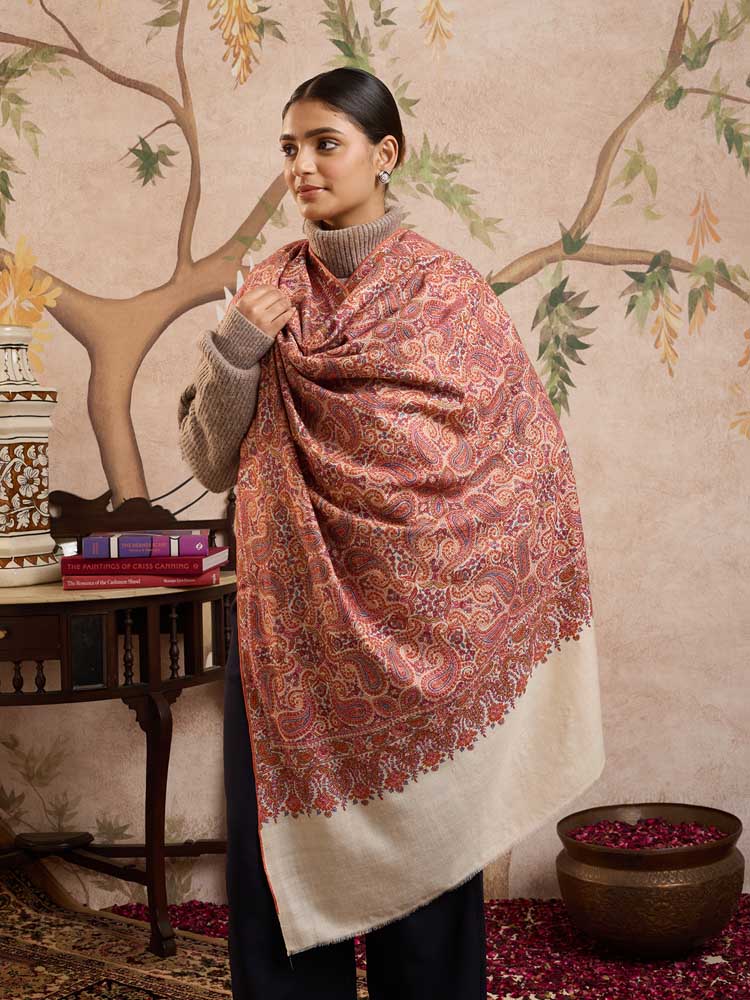 ImageGulbuta Sozni Jama Pashmina Shawl – Rangeen, Offwhite