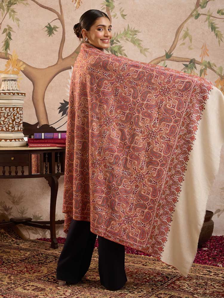 ImageGulbuta Sozni Jama Pashmina Shawl – Rangeen, Offwhite