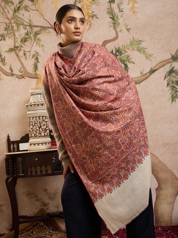 ImageGulbuta Sozni Jama Pashmina Shawl – Rangeen, Offwhite