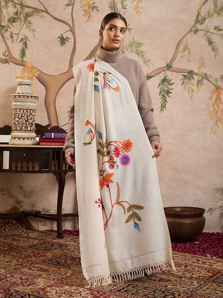 ImageGulyaar Ari Hand Emb Wool Stole – Ivory, Multi