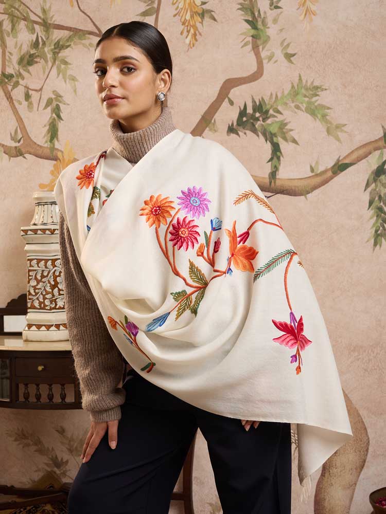 ImageGulyaar Ari Hand Emb Wool Stole – Ivory, Multi