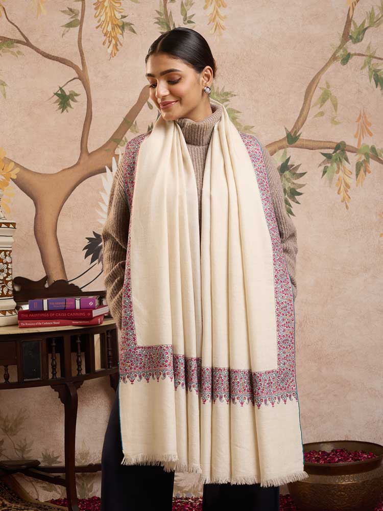 ImageKalpana Sozni Pashmina Shawl – Ivory, Fuchsia