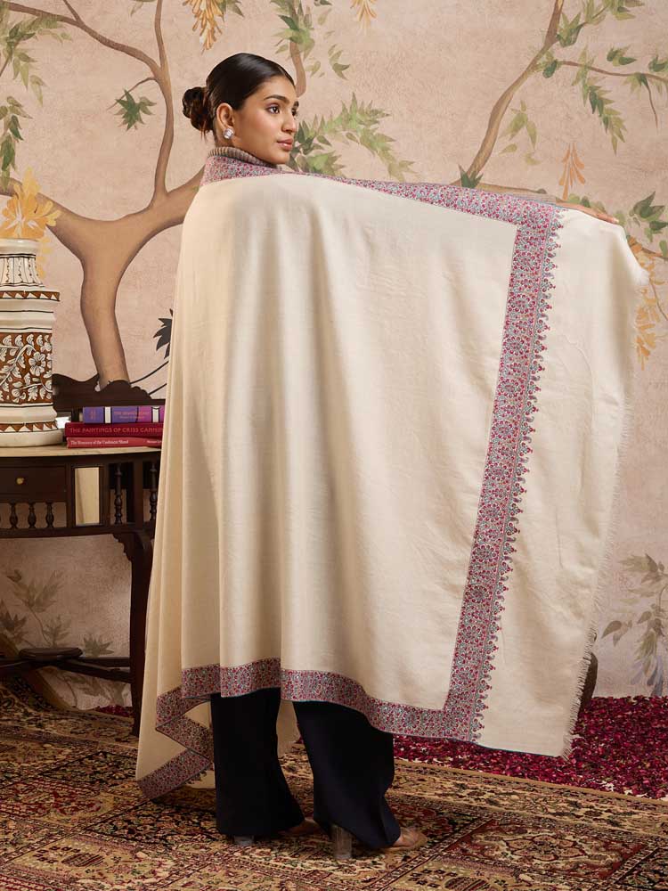ImageKalpana Sozni Pashmina Shawl – Ivory, Fuchsia