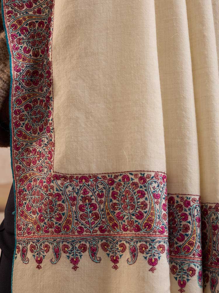 ImageKalpana Sozni Pashmina Shawl – Ivory, Fuchsia