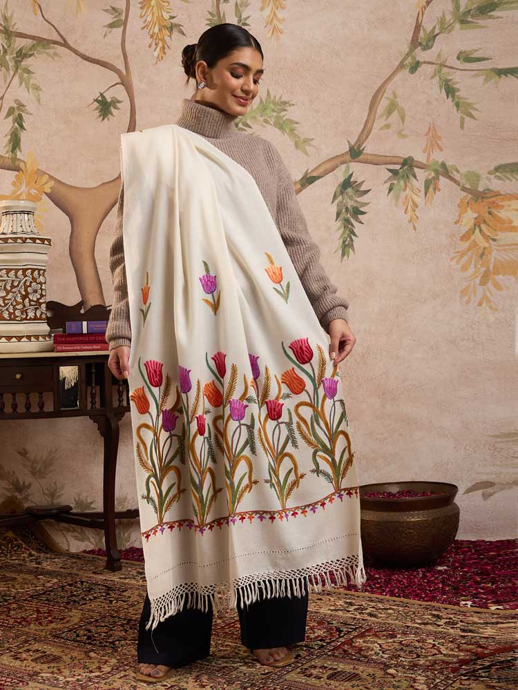 ImageGulfar Ari Hand Emb Wool Stole – Multi, White