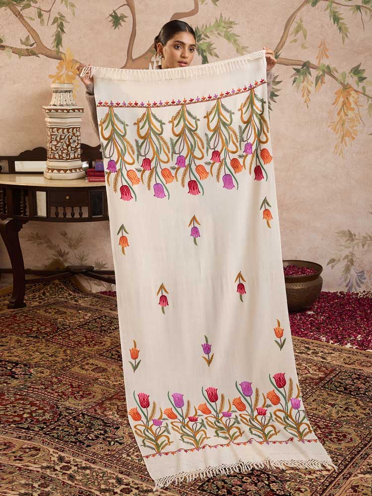 ImageGulfar Ari Hand Emb Wool Stole – Multi, White