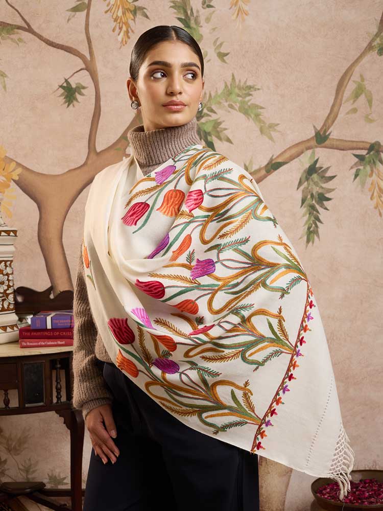 ImageGulfar Ari Hand Emb Wool Stole – Multi, White