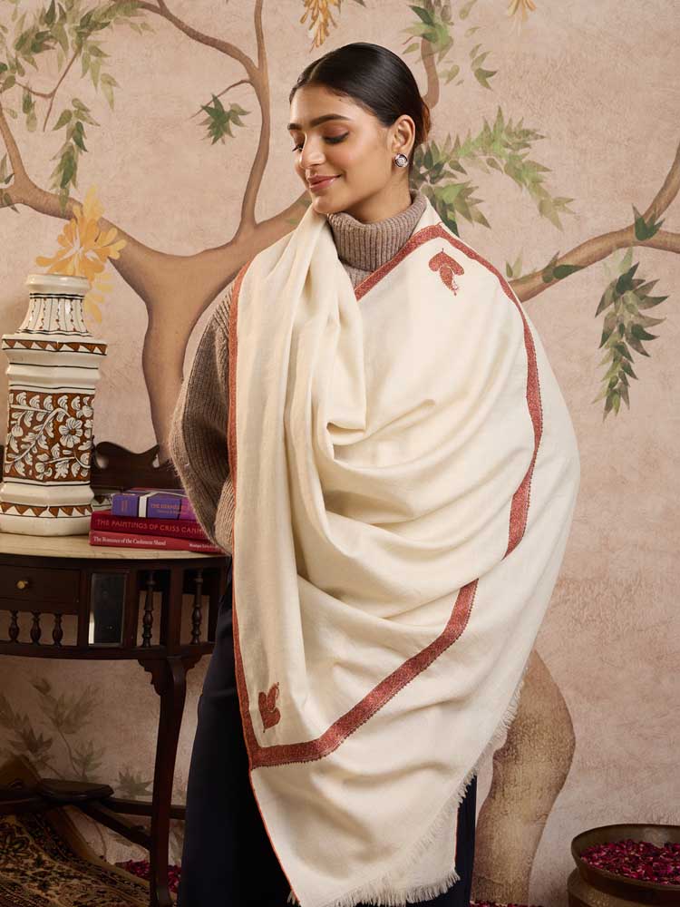ImageHandloom Pure Pashmina Baledaar Shawl – Ivory, Rust
