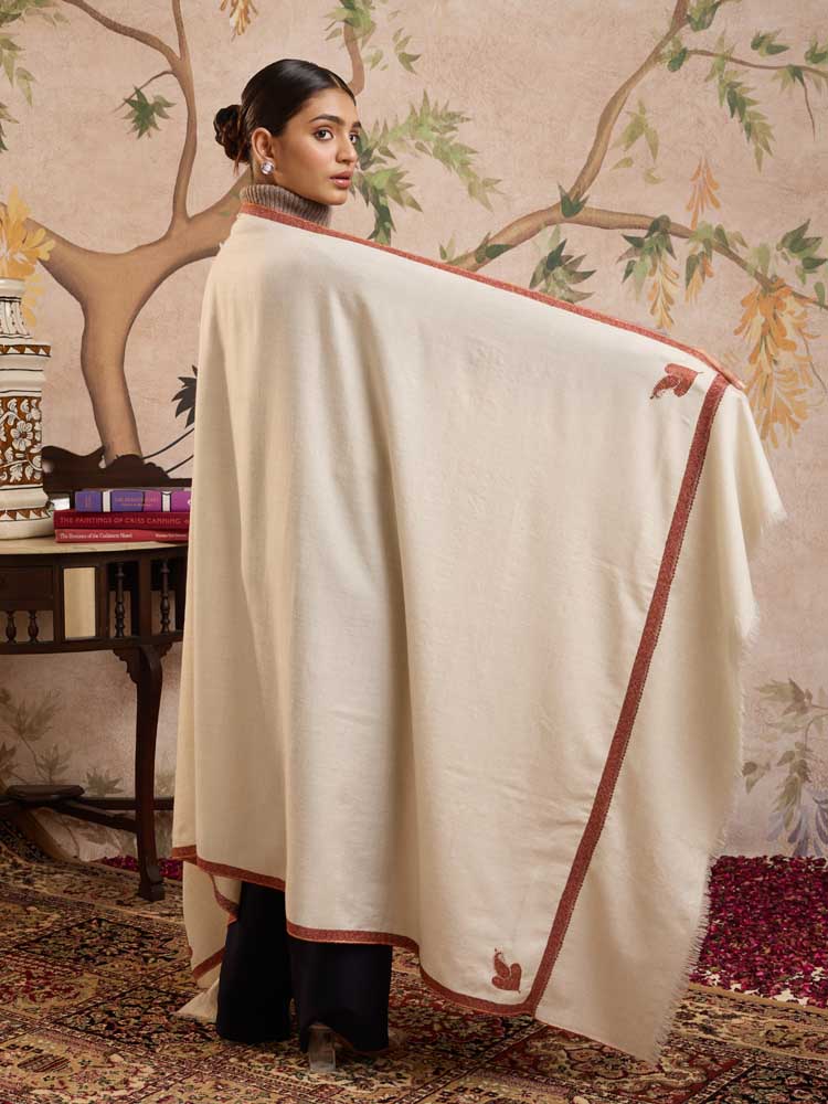 ImageHandloom Pure Pashmina Baledaar Shawl – Ivory, Rust
