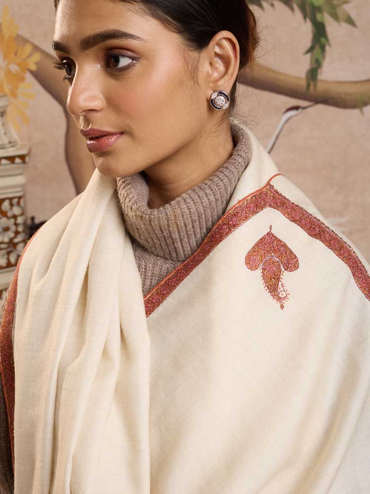 ImageHandloom Pure Pashmina Baledaar Shawl – Ivory, Rust
