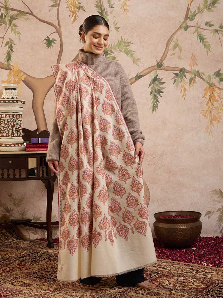 ImageBoota Bahar Handloom Pashmina Sozni Shawl – Offwhite
