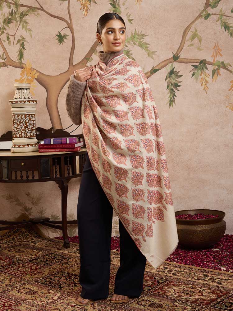 ImageBoota Bahar Handloom Pashmina Sozni Shawl – Offwhite