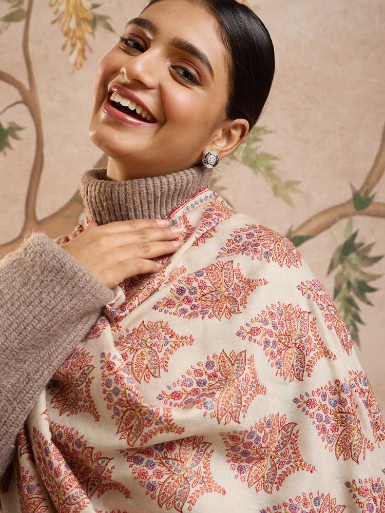 ImageBoota Bahar Handloom Pashmina Sozni Shawl – Offwhite