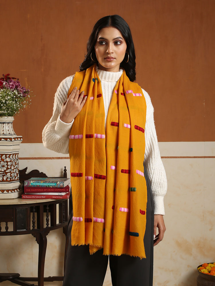 ImageColorgrid Merino Wool Emb Stole – Mustard Gold