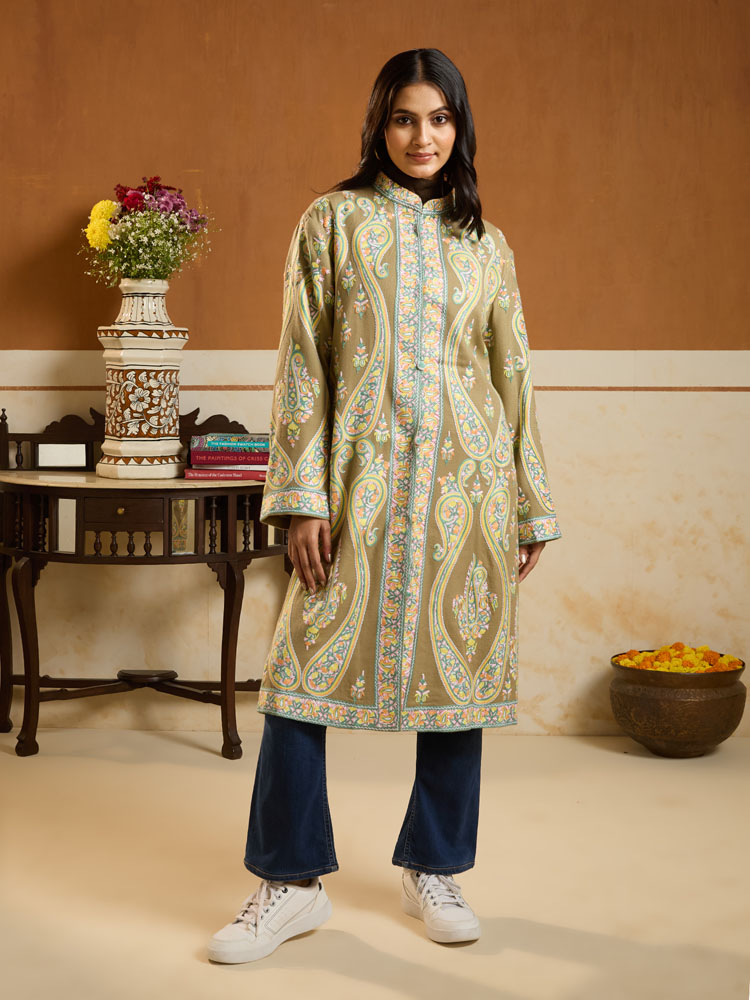 ImageLong Paisley Ari Hand Emb Jacket – Khaki, Multi [48]