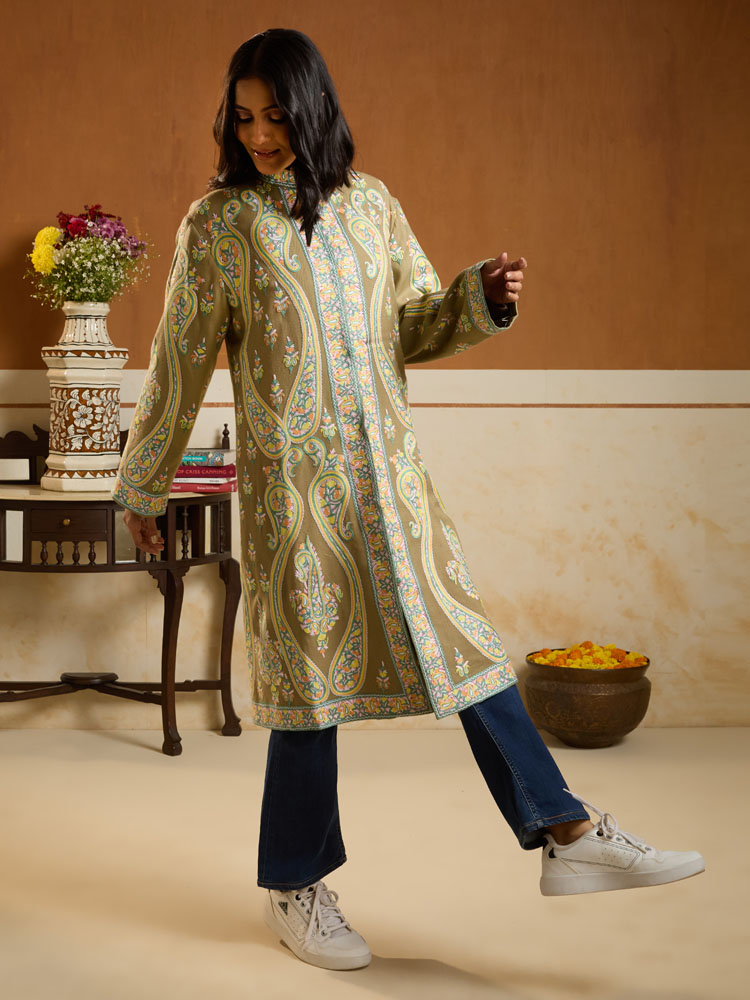 ImageLong Paisley Ari Hand Emb Jacket – Khaki, Multi [48]