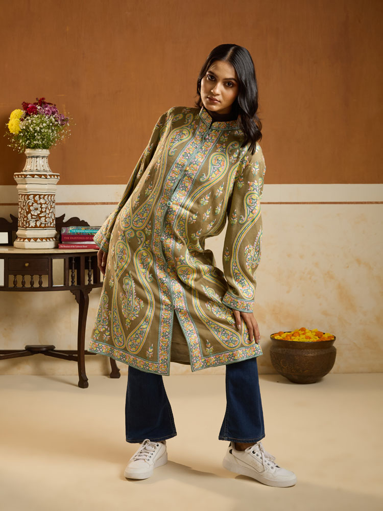 ImageLong Paisley Ari Hand Emb Jacket – Khaki, Multi [48]
