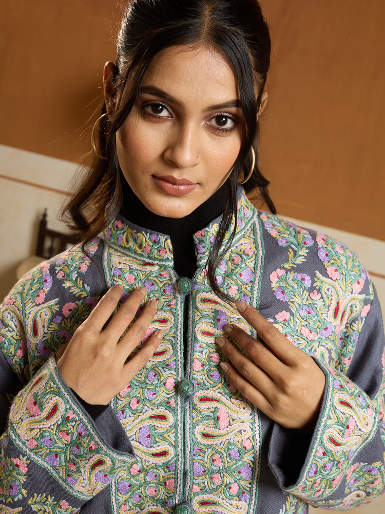ImageNoor-e-Guldaan Ari Hand Emb Wool Jacket – Soft Grey, Multi [48]