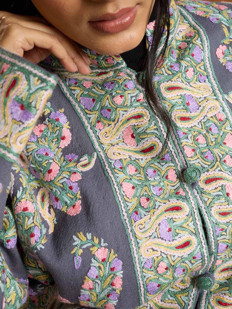 ImageNoor-e-Guldaan Ari Hand Emb Wool Jacket – Soft Grey, Multi [48]
