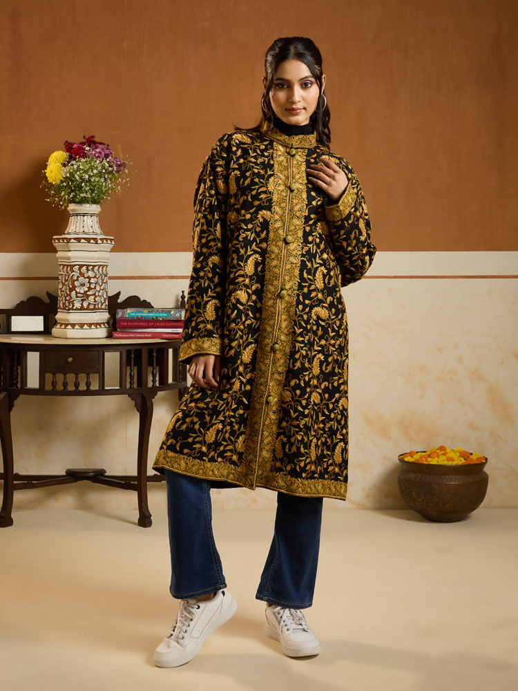 ImageBadaam Jaal Ari Wool Long Jacket – Black, Khaki [50]