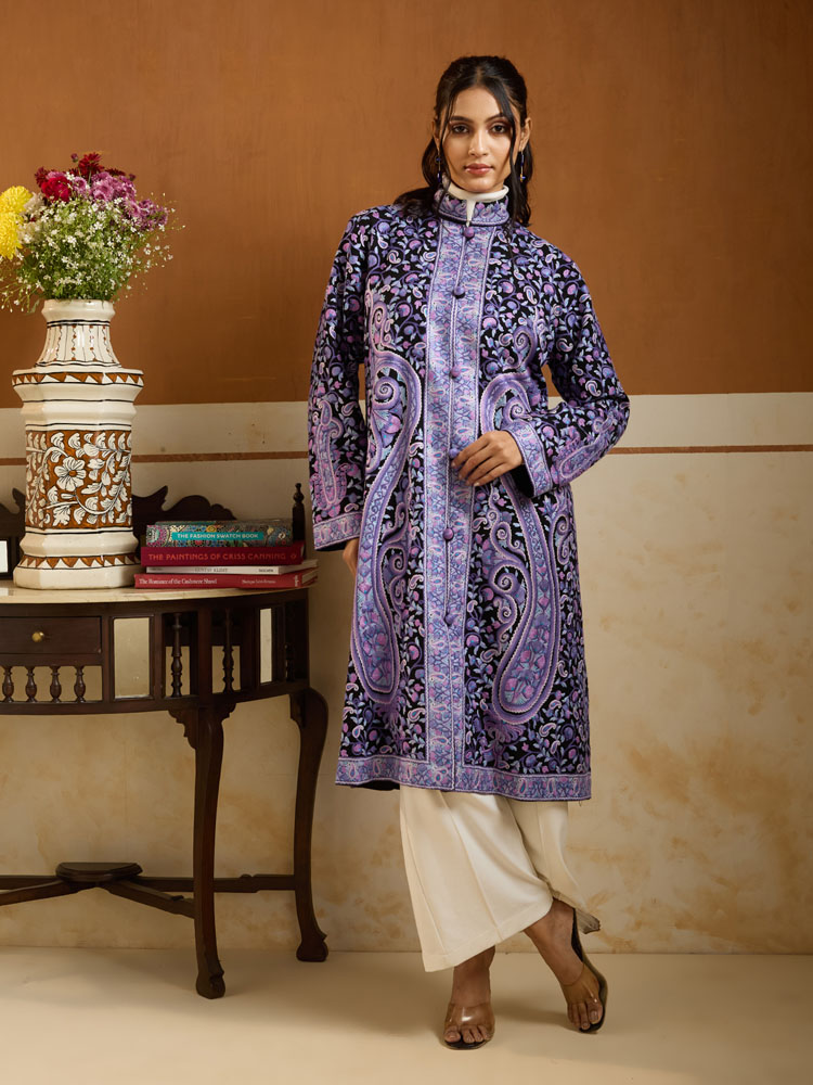 ImageBadaam Jaal Ari Wool Long Jacket – Lavender, Black [44]