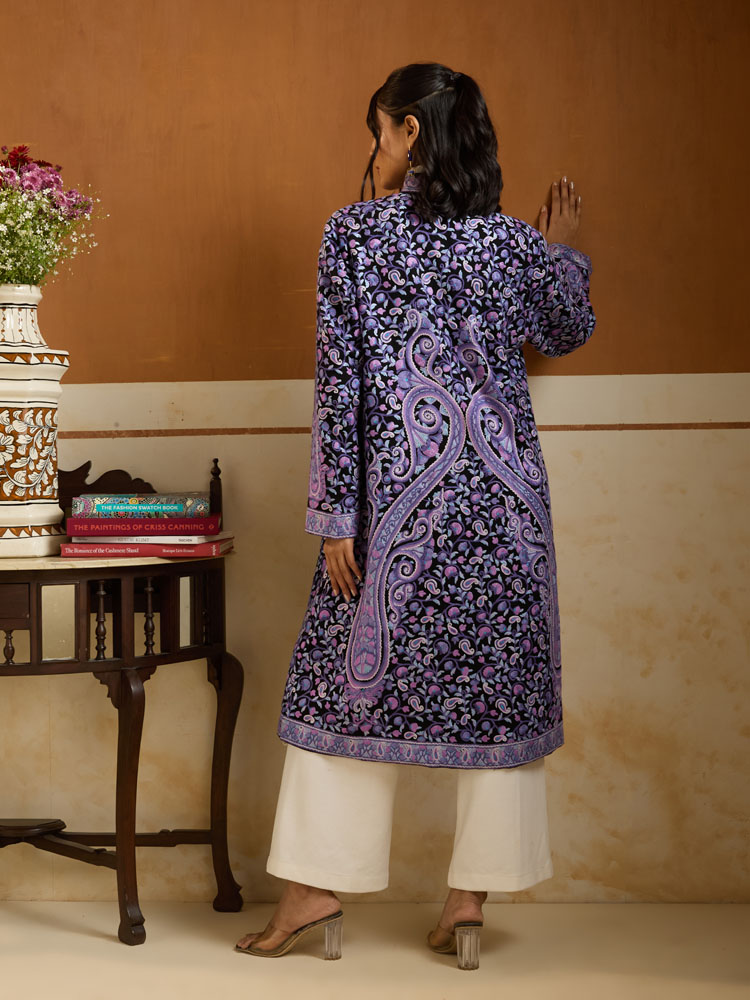 ImageBadaam Jaal Ari Wool Long Jacket – Lavender, Black [44]