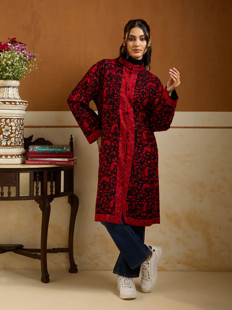 ImageBadaam Jaal Ari Wool Long Jacket – Crimson, Black [50]