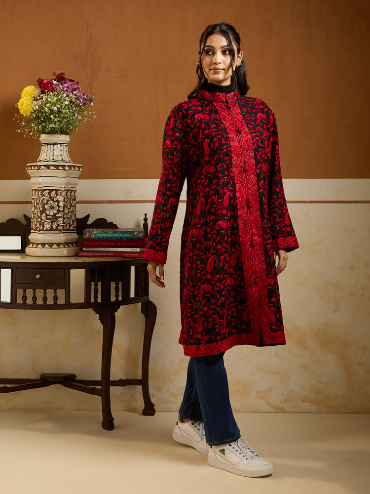 ImageBadaam Jaal Ari Wool Long Jacket – Crimson, Black [50]
