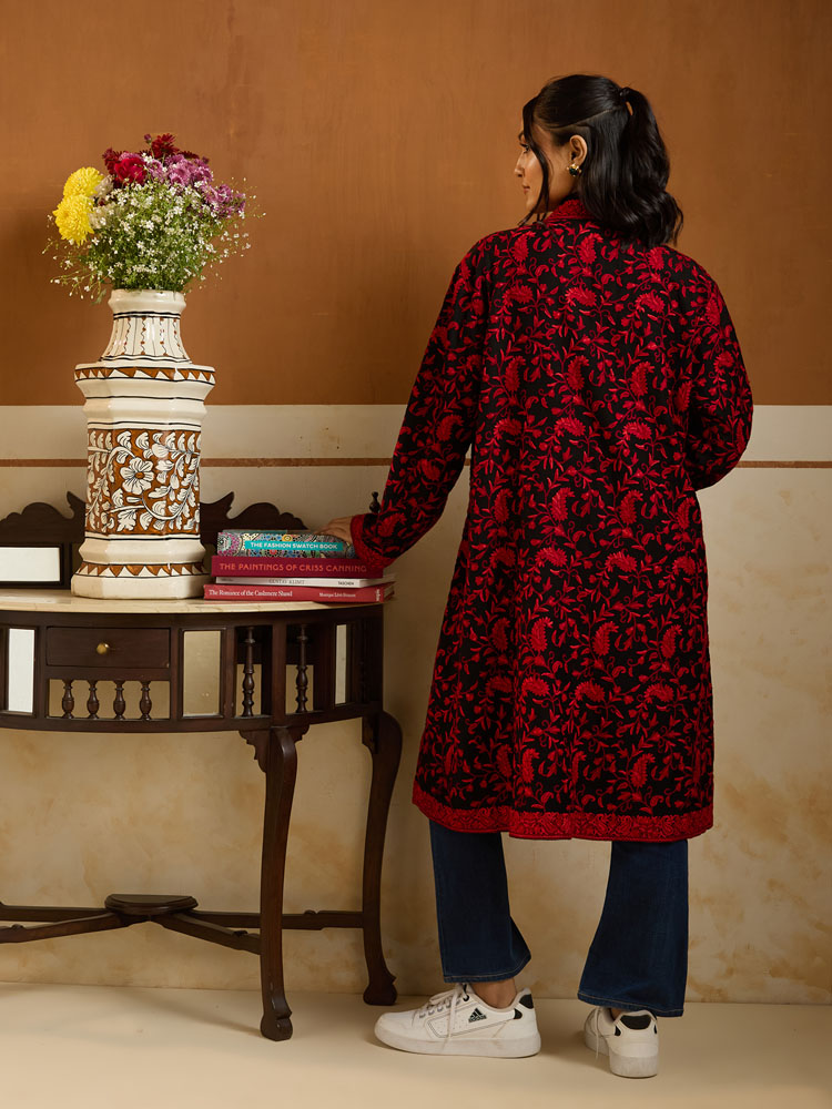 ImageBadaam Jaal Ari Wool Long Jacket – Crimson, Black [50]