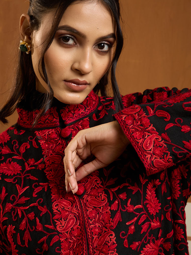 ImageBadaam Jaal Ari Wool Long Jacket – Crimson, Black [50]