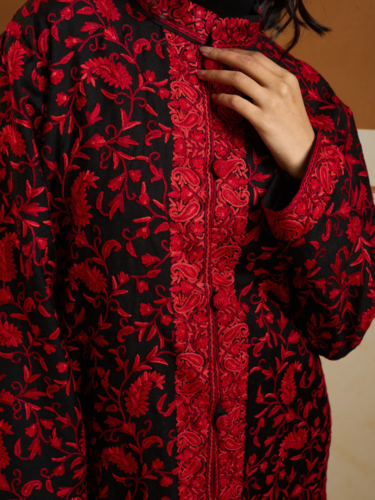 ImageBadaam Jaal Ari Wool Long Jacket – Crimson, Black [50]