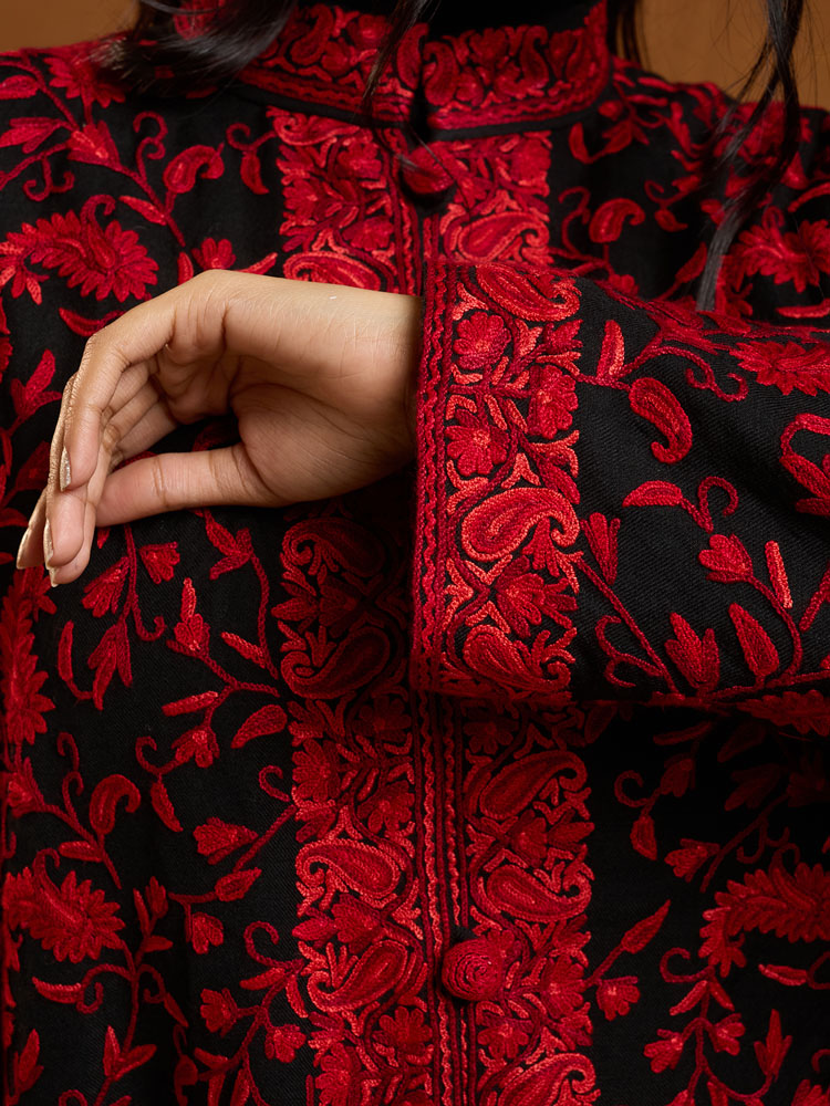 ImageBadaam Jaal Ari Wool Long Jacket – Crimson, Black [50]