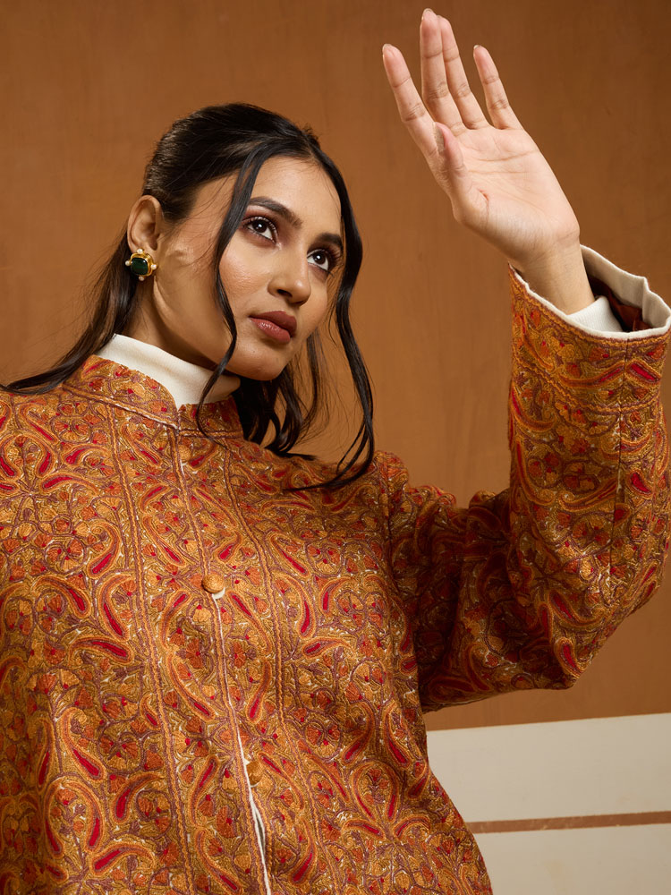 ImageShahbaz Buteh Ari Hand Emb Wool Jacket – beige, Rust [44]