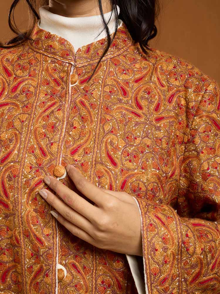 ImageShahbaz Buteh Ari Hand Emb Wool Jacket – beige, Rust [44]