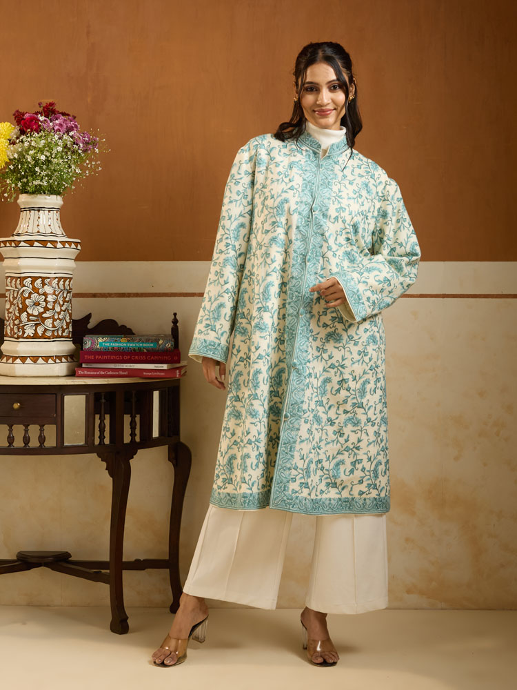 ImageTaj Naqsh Ari Emb Wool Jacket – Mint, Ivory