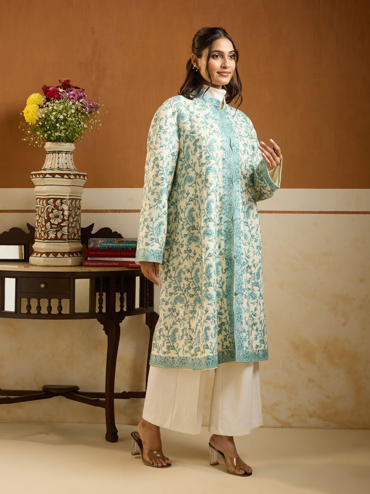 ImageTaj Naqsh Ari Emb Wool Jacket – Mint, Ivory