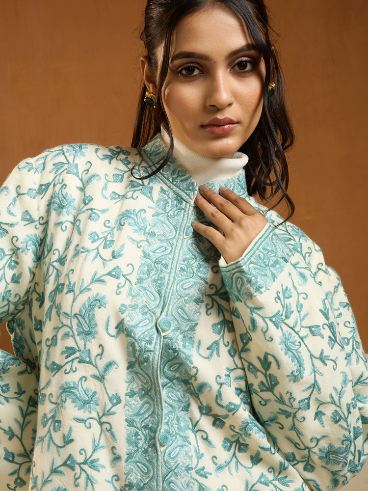 ImageTaj Naqsh Ari Emb Wool Jacket – Mint, Ivory