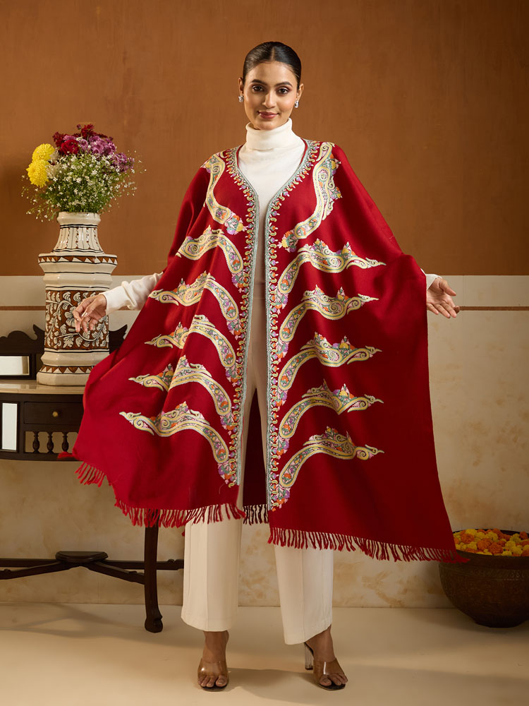 ImageHala Paisley Ari Emb Wool Cape – Bright Red