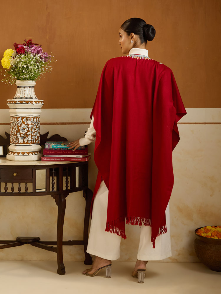 ImageHala Paisley Ari Emb Wool Cape – Bright Red
