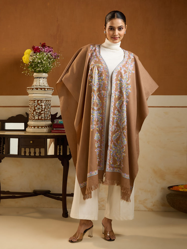 ImageMysa Paisley Ari Emb Wool Ruana – Fawn, Multi