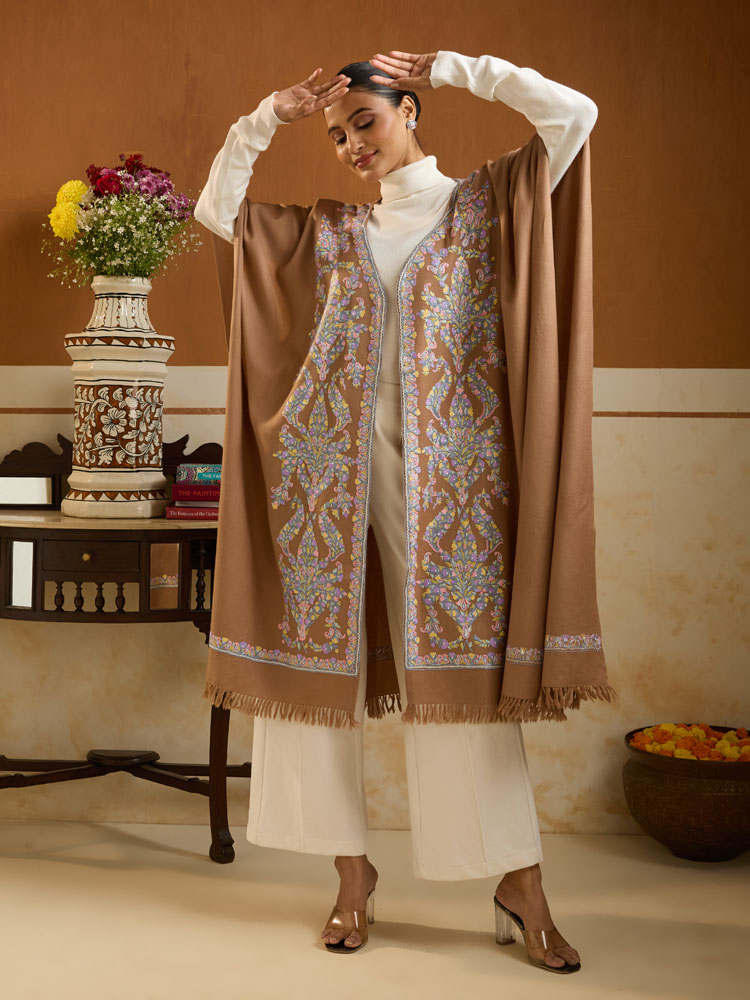 ImageMysa Paisley Ari Emb Wool Ruana – Fawn, Multi