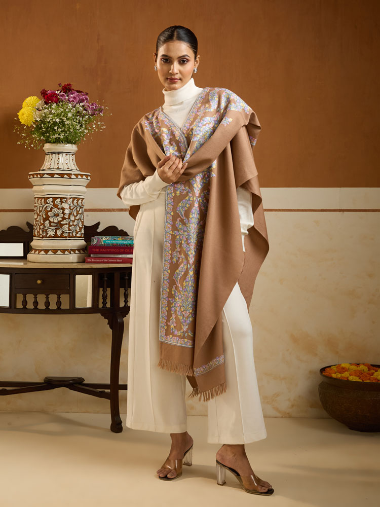 ImageMysa Paisley Ari Emb Wool Ruana – Fawn, Multi