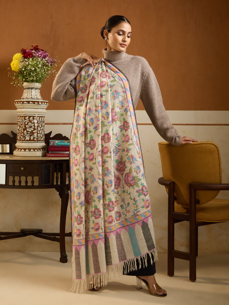 ImageGulzar Handloom Kani Pashmina Shawl – Snow,Multi